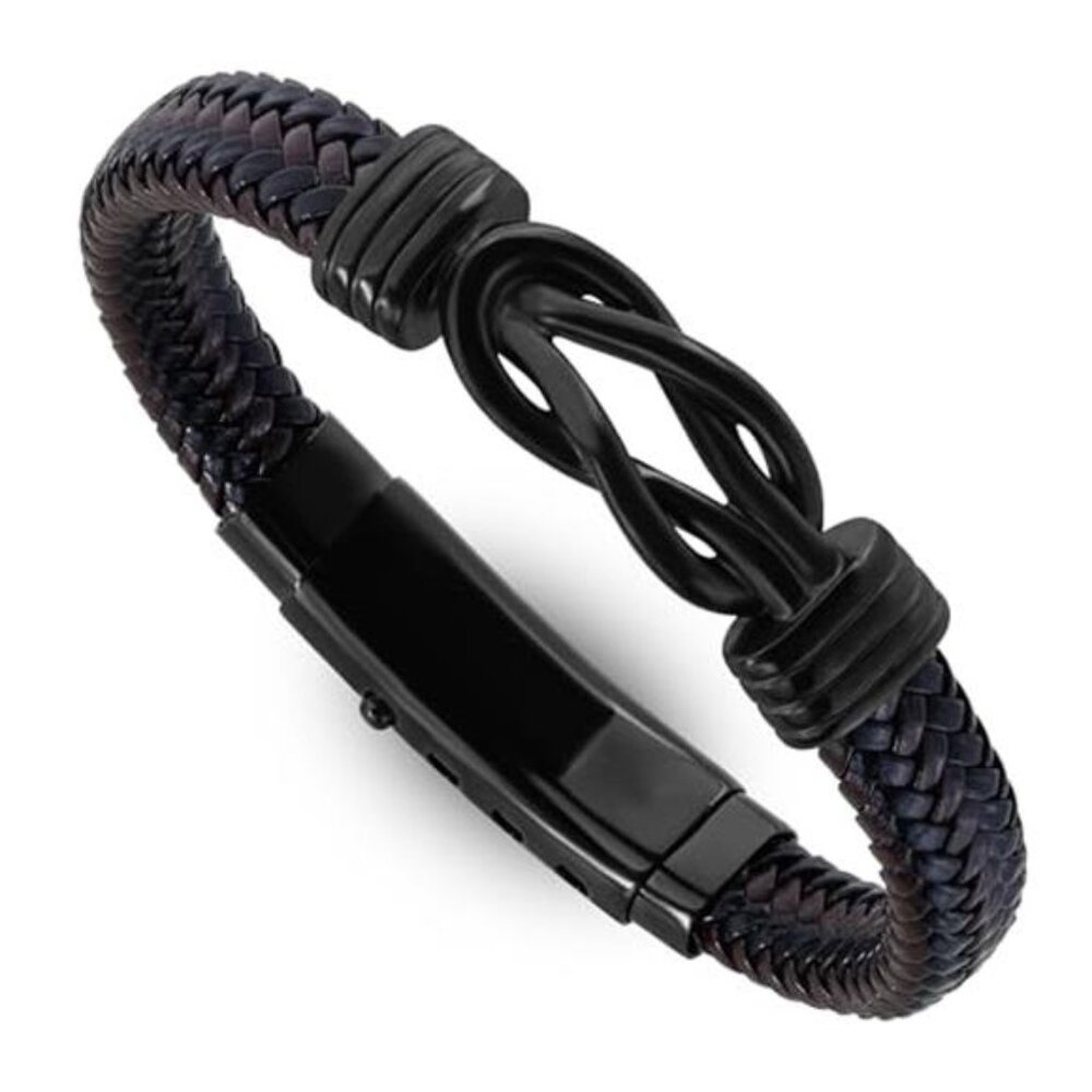 Mens Black Braided Leather Cross Bracelet Stainless Steel Onyx